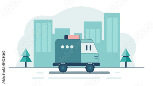 Colorful illustration of a food truck driving through a cityscape with tall buildings and trees, featuring a playful design and vibrant colors