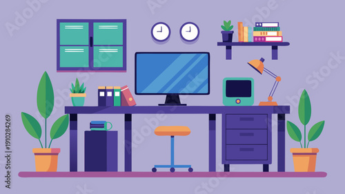 Modern home office illustration featuring a desk with a computer, books, plants, and decorative elements against a purple background with wall clocks