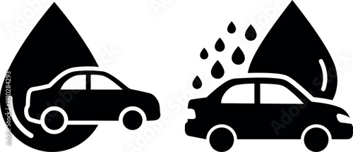 Car wash service silhouette icons with water drops for auto maintenance