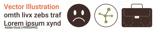Business process, emotional expression, professional work, networking, organizational tools, team management. Sad face, network and briefcase elements. Business and professional work concepts