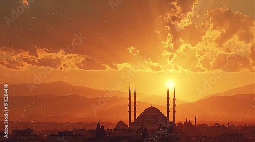 Sunset over mosque silhouette landscape view.