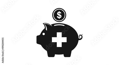 Black piggy bank with a dollar coin and a white cross symbol, representing health savings and financial well-being.