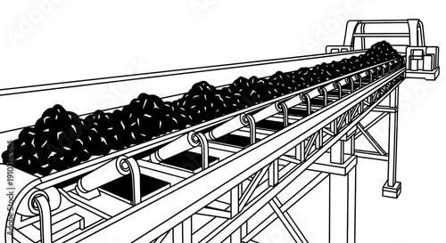 Industrial conveyor belt system transporting coal or ore in a mining or processing facility.