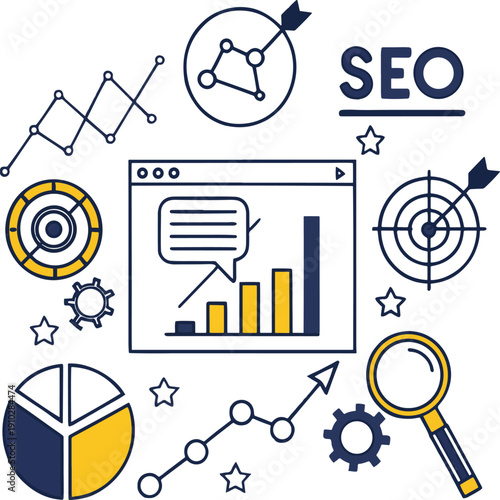SEO optimization and analytics concept with various business and marketing icons  graphs charts targets and search engine symbols
