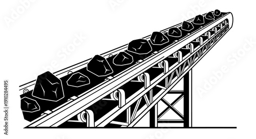 A black and white illustration of a long conveyor belt system transporting rocks or coal uphill in an industrial setting.