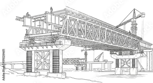 Detailed line drawing of a large bridge under construction with multiple sections and heavy machinery.