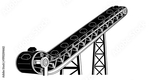 Detailed black and white illustration of an industrial inclined conveyor belt system with support structure.
