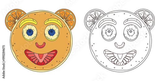 Creative pancake bear face made of fruits for kids breakfast with black and white coloring page outline vector illustration