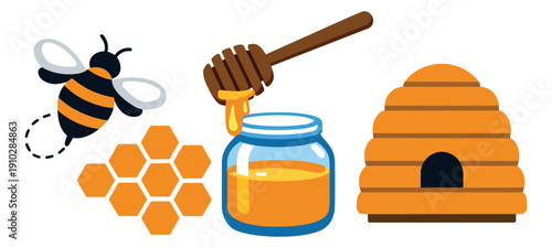 Flat design nature set featuring a flying bee, honeycomb, honey jar with dipper, and beehive for sweet food products