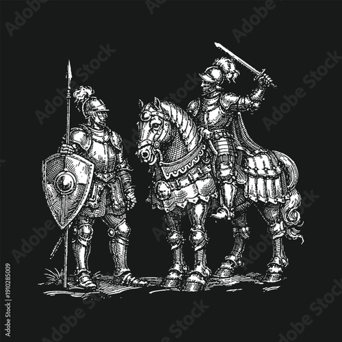 Vintage Engraving of Paladin Warrior with Spear and Shield alongside Knight on Warhorse