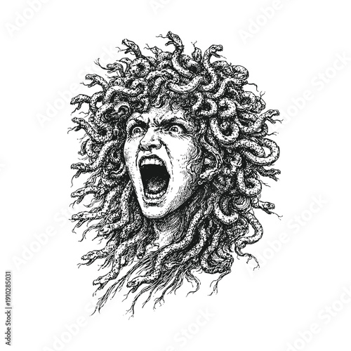 Screaming Medusa Head with Writhing Snakes for Hair