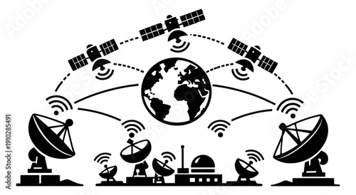 Modern illustration of a global communication network depicting worldwide data transmission for telecommunication technology