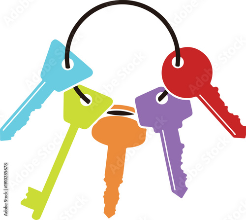 Colorful house keys on a ring.