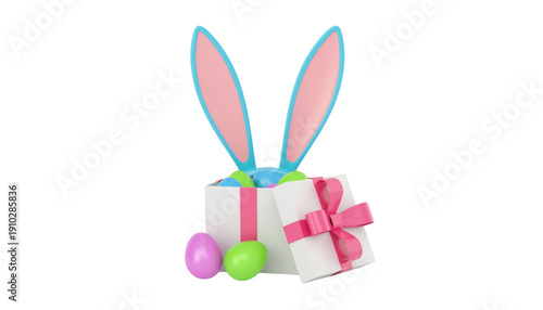 An easter bunny decoration with pink ears and a blue bow next to colorful eggs and a pink wrapped gift on a white surface
