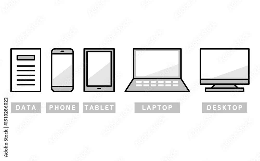Obraz premium 複数デバイスで共有される業務情報の構成要素を示したシンプルなアイコンセットのイラスト