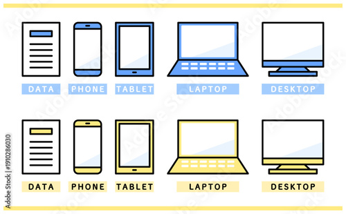紙と各種デバイスで構成された業務データ表示の2色カラーバリエーションセットのイラスト