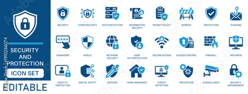 Security and protection icon set. featuring cybersecurity, data protection, authentication, firewall, antivirus, access control, identity security, and more icons. perfect vector icon collection.
