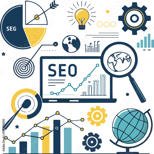 SEO optimization concept with laptop and various business and analytics elements on white background  business analytics and SEO optimization