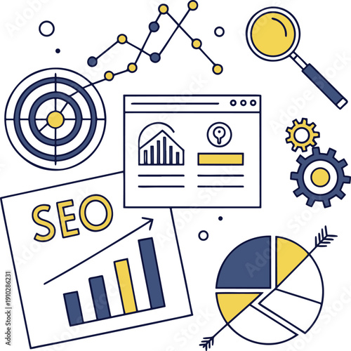 SEO optimization and analysis concept with various graphic elements  charts graphs target magnifying glass and gears on white background