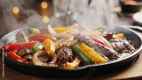 Wallpaper Mural Sizzling Beef Fajitas With Colorful Bell Peppers And Onions In Cast Iron Skillet With Steam Rising Torontodigital.ca