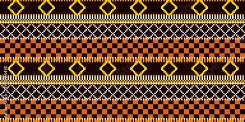 Seamless Brown Orange and Gold Pixel Art Woven Folk Pattern