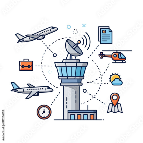 Air traffic control tower with airport operations and travel icons