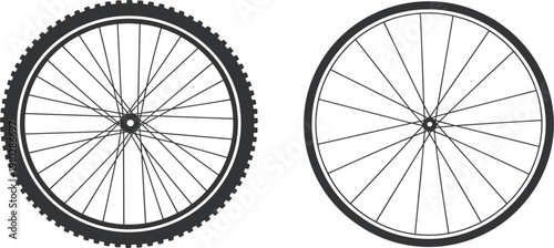 Bicycle wheel and tire icon set, mountain bike cycling spokes, transport equipment vector fashion