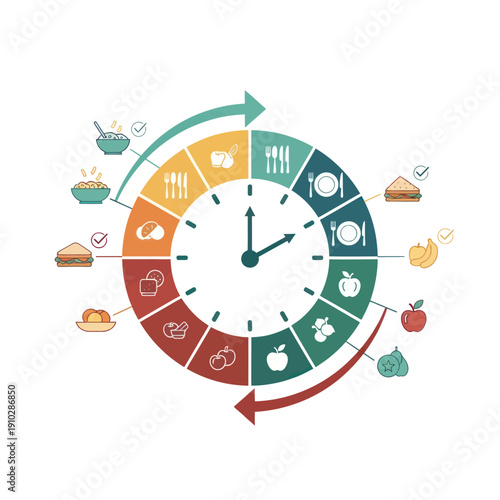 Clock with food icons depicting daily meal schedule or diet