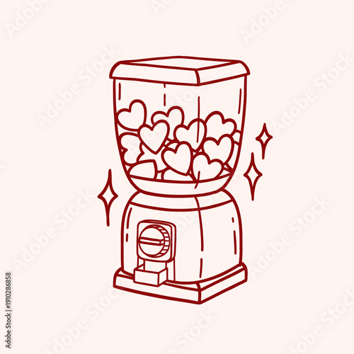 Candy dispenser with hearts inside. Vintage bubble gum machine. Romantic hand drawn illustration. Clip art for party, holiday, valentine day, birthday, wedding