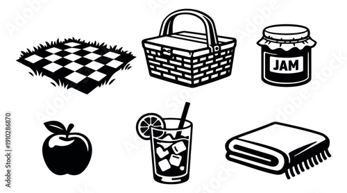 Line art picnic set featuring a basket, picnic blanket, jam, apple, iced drink, and towel for outdoor summer activities