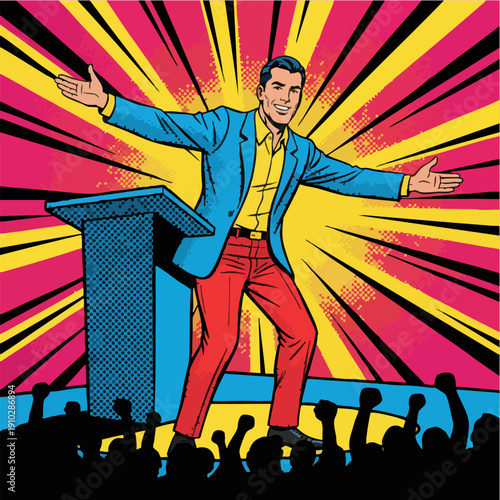 Energetic Pop Art Public Speaker Addressing a Large Audience