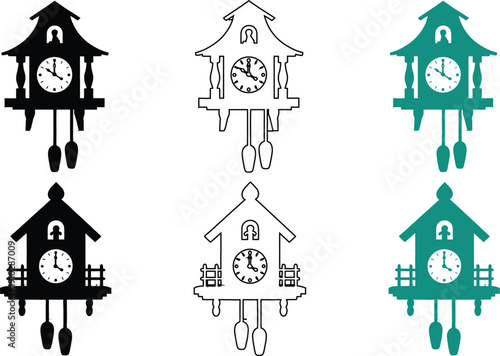 Collection of stylized cuckoo clocks in black and teal colors with pendulum and cuckoo bird silhouette