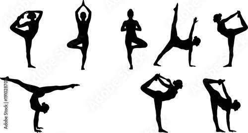 Yoga Balance Poses Female Silhouettes Vector Set