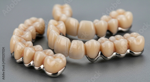 Dental implants with shiny porcelain teeth on metal framework