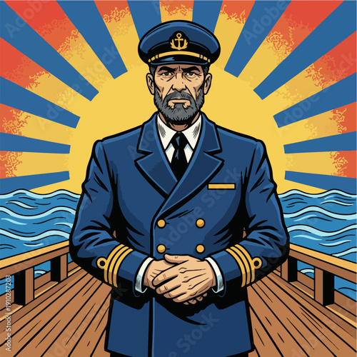 Serious ship captain in uniform standing against retro sunburst illustration