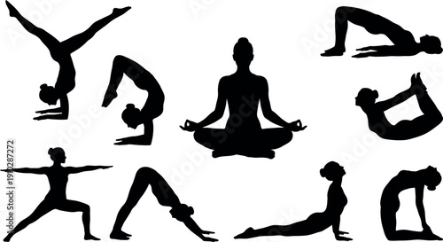 Yoga Poses Silhouette Set with Meditating Woman Vector
