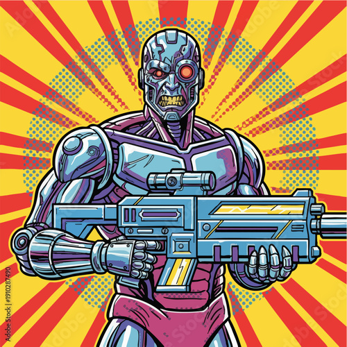 Cyborg Soldier Holding Futuristic Weapon Pop Art Illustration