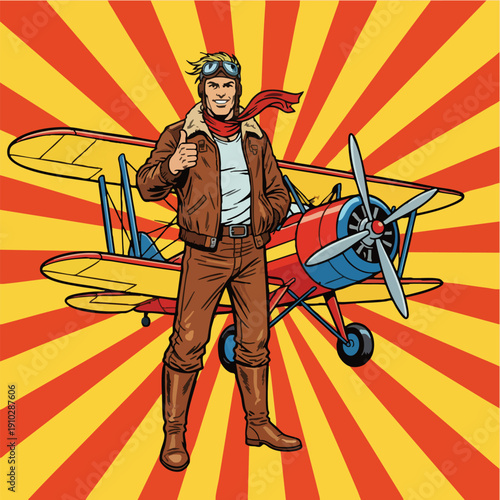 Retro Style Aviator Pilot Standing with Biplane Vector Illustration