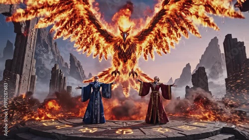 Wallpaper Mural Two Figures Summon Fire Phoenix In Ancient Ruined Landscape At Dusk Torontodigital.ca