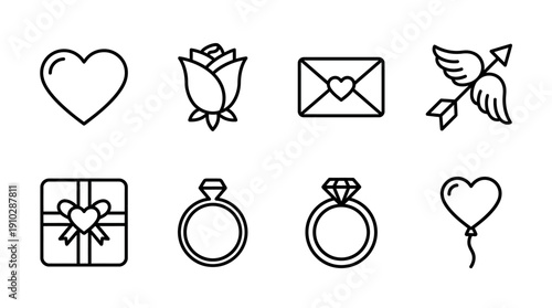 Minimalist outline vector icons celebrating love and romance, including hearts, roses, rings, gifts, and balloons, perfect for Valentine's Day projects and relationship themes