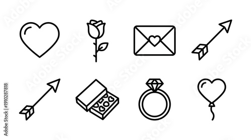 Valentine's Day icons set heart, rose, letter, arrow, ring, balloon, and candy box, symbolizing love and romance