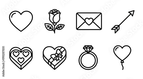 Collection of Valentine's Day themed icons including hearts, a rose, a love letter, an arrow, a ring, and a balloon, ideal for romantic designs and celebrations