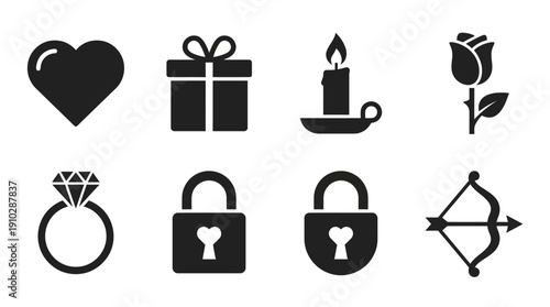 Collection of Valentine's Day icons including a heart, gift, candle, rose, ring, lock, and bow and arrow for romantic celebrations and expressions of love