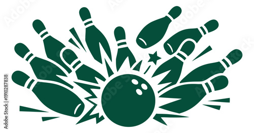 Graphic illustration of a bowling strike depicting pins scattering for sport and recreation