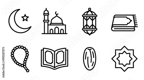 Collection of Ramadan-themed vector icons, featuring crescent moon, mosque, lantern, prayer mat, rosary, Quran, date, and star