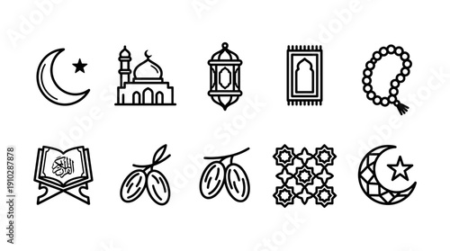 Ramadan and Islamic Culture Vector Line Icons Set. Essential Muslim Holiday Symbols Mosque, Crescent Moon, Lantern, Dates, Prayer Mat, and Quran Outline