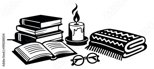 Line art cozy set featuring books, a candle, a blanket, and glasses for a relaxed evening