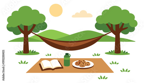 Flat design illustration of a picnic with a hammock depicting relaxation under trees on a summer day for recreation