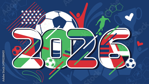 Futuristic soccer background with abstract geometric patterns and dynamic lines, Football tournament championship 2026, Vector illustration, Flat design.