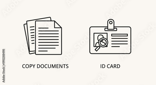 ID Card and Documents in Simple Line Art Style with Black Outline on White Background for Identity Verification